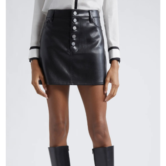 Alice + Olivia Joss Button Front Black Soft Faux Leather Mini Skirt Size 10 - Picture 1 of 10